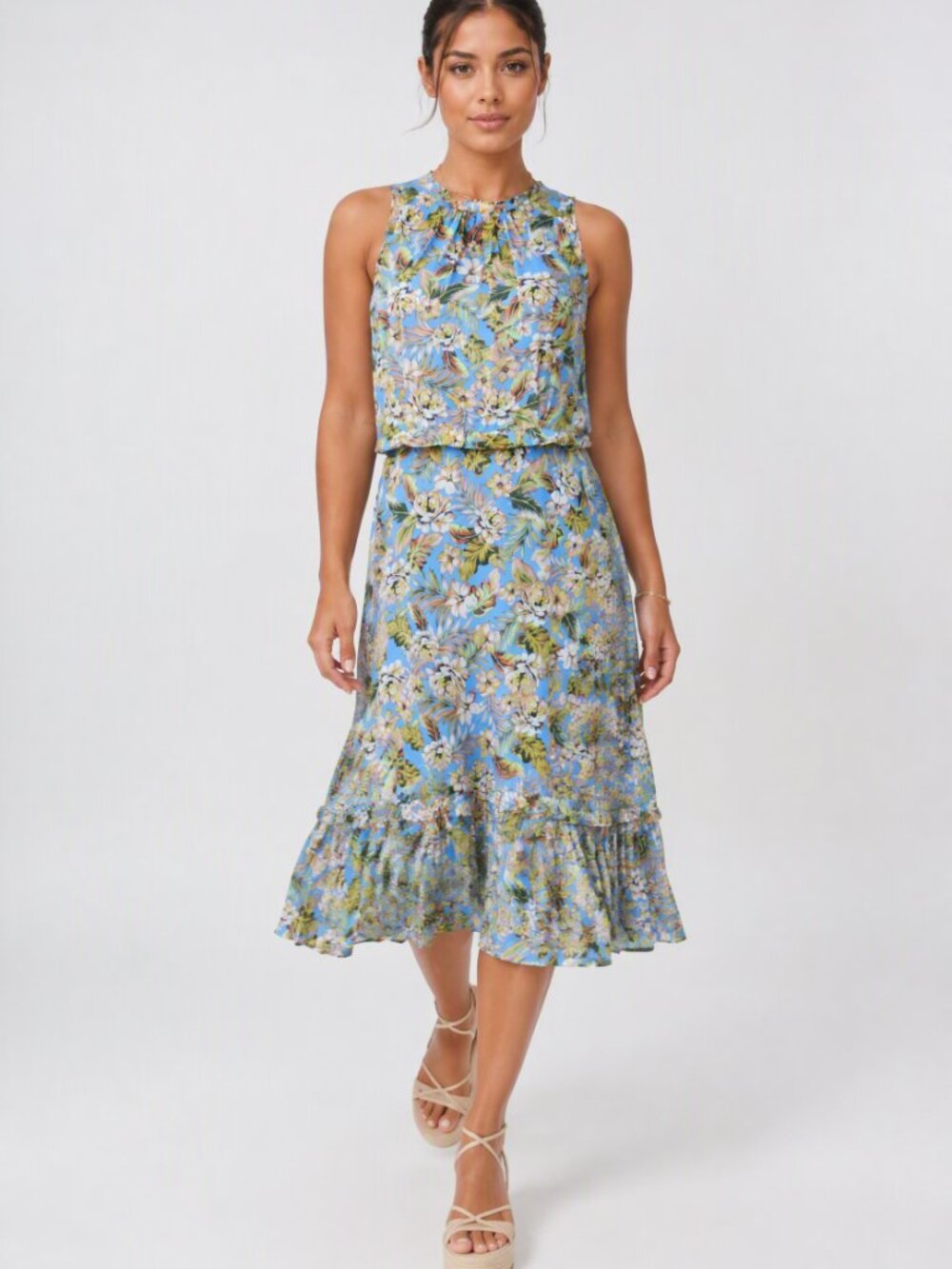 NWT Julia Jordan Sleeveless Blue Orange Floral High Low Midi dress 16